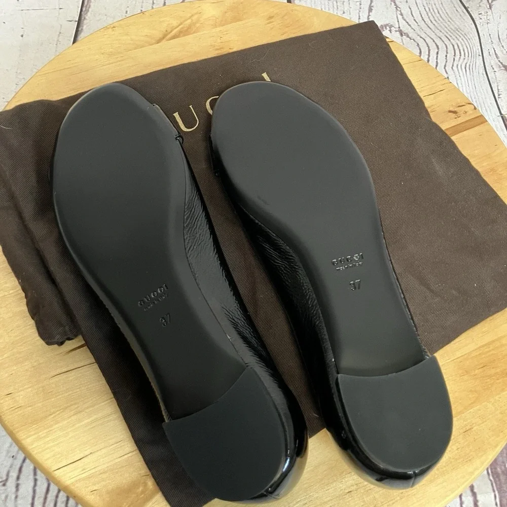 Gucci Ballet‎ Flats Womens Size 37EU 7US Black Leather Buckle Peep Toe